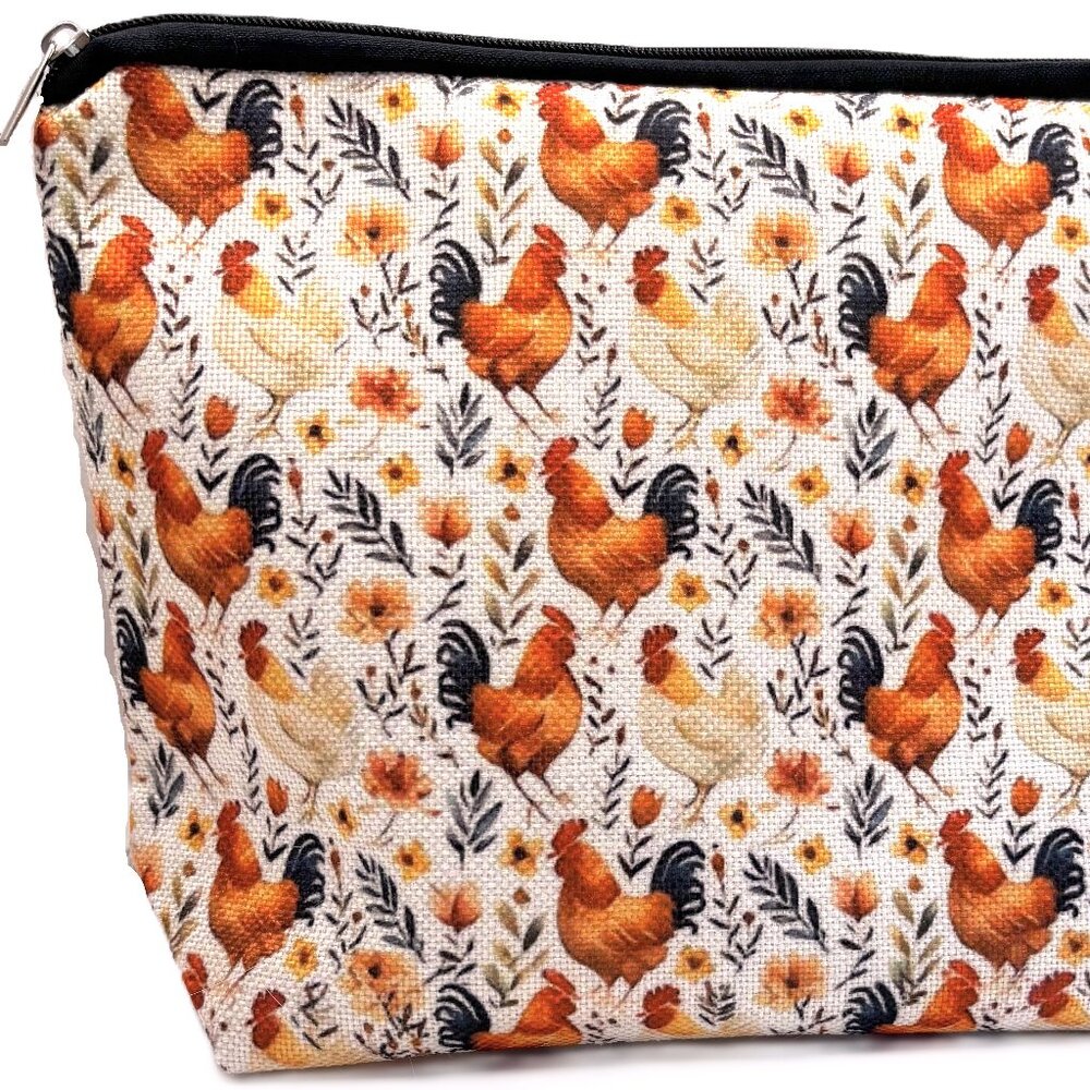 Farmhouse Country Chicken Hen Rooster Canvas Zippered Pouch Makeup Travel Bag